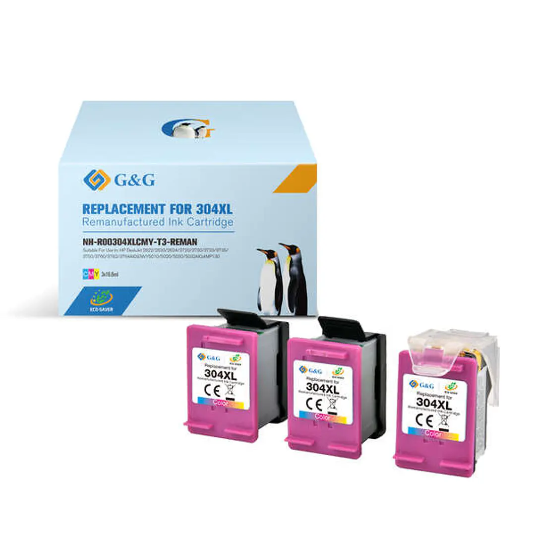 G&G HP 304XL Color Pack de 3 Cartuchos de Tinta Remanufacturados - Eco Saver - Muestra Nivel de Tinta - Reemplaza N9K07AE/N9K05AE/B7RT9AE/B7RT6AE 1