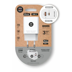 TechOneTech Cargador de Pared PD + QC 25W 1 Puerto USB-C 3A + 1 Puerto USB-A