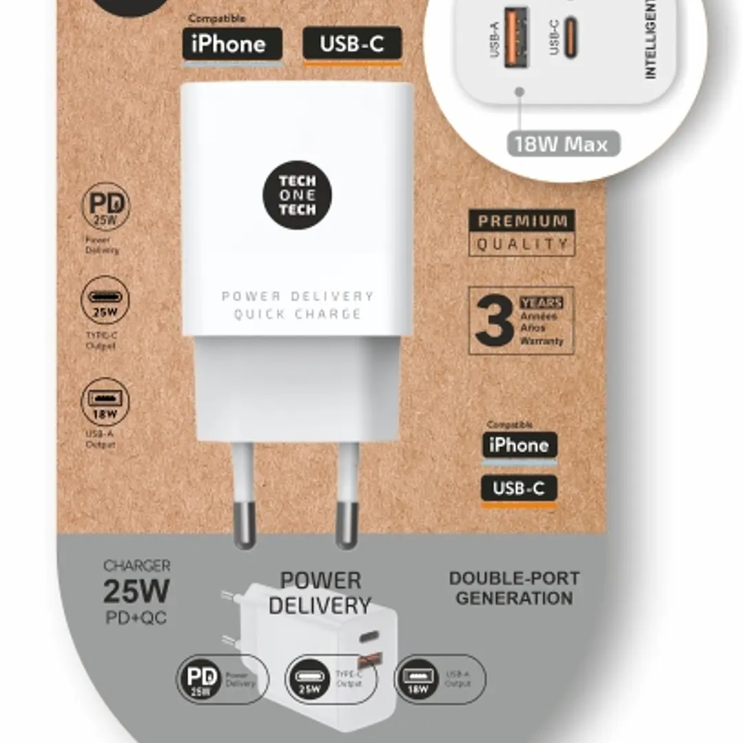 TechOneTech Cargador de Pared PD + QC 25W 1 Puerto USB-C 3A + 1 Puerto USB-A 1