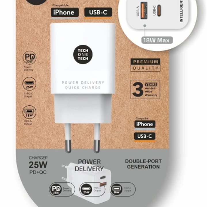 TechOneTech Cargador de Pared PD + QC 25W 1 Puerto USB-C 3A + 1 Puerto USB-A 1