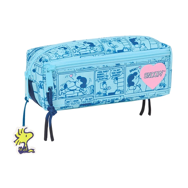 Safta Snoopy Love Portatodo Triple Pequeño - 3 Compartimentos con Cremallera - Asa Lateral - 22x6x8.5cm - Color Azul 1