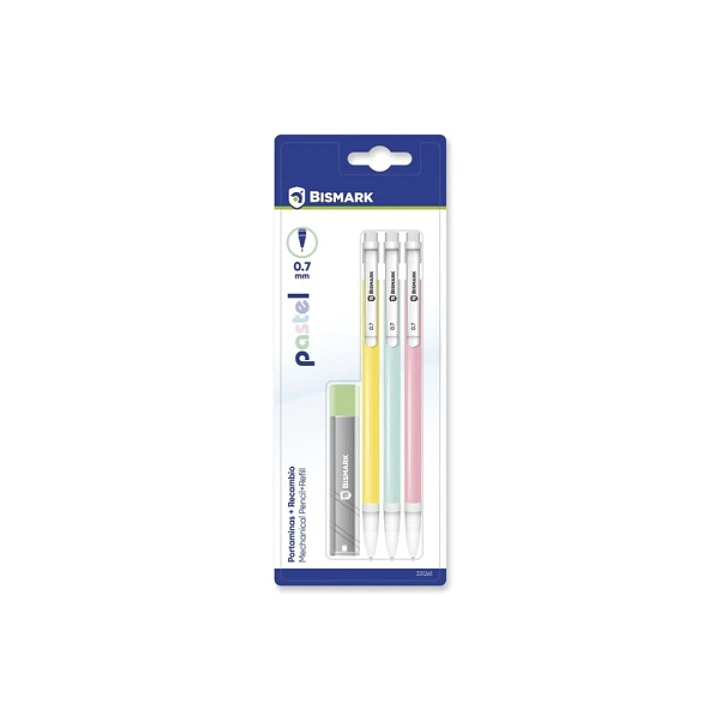 Bismark Pack con 3 Portaminas 0.7mm HB + 1 Cajita de Minas - Punta Retractil - Cuerpos de Colores Pastel Surtidos 1