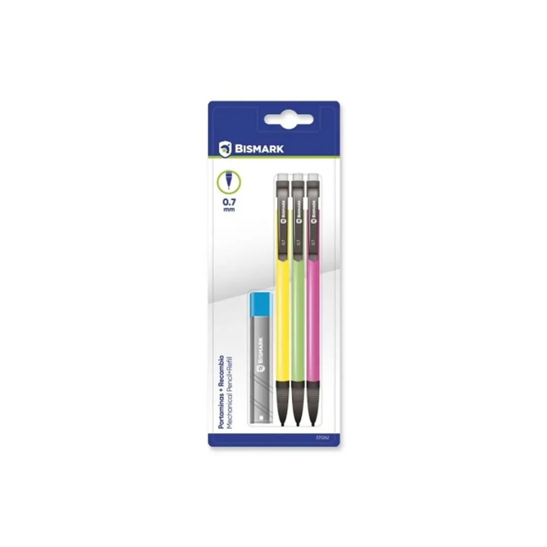 Bismark Pack con 3 Portaminas 0.7mm HB + 1 Cajita de Minas - Punta Retractil - Cuerpos de Colores Neon Surtidos 1