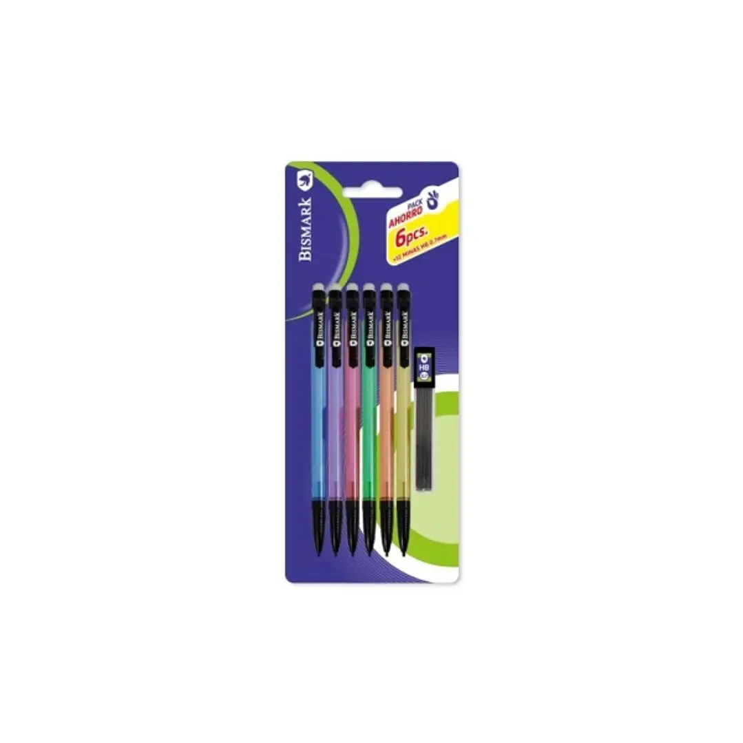 Bismark Pack con 6 Portaminas 0.7mm HB con Goma + 1 Cajita de Minas - Punta Retractil - Cuerpos de Colores Surtidos 1