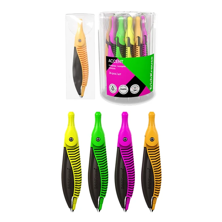 ErichKrause Accent Compas Escolar - Cuerpo de Plastico - Estuche de PVC - 122mm de Longitud - Radio Maximo de 150mm - Colores Surtidos 1