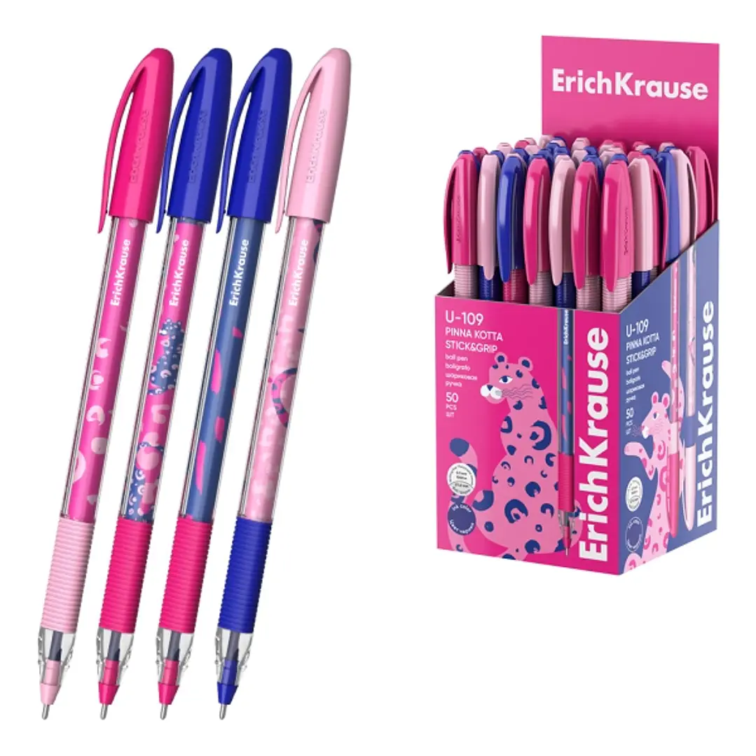 ErichKrause U-109 Stick and Grip Pinna Kotta Boligrafo con Capuchon - Modelos Surtidos - Trazo 0.3mm - Zona de Agarre de Goma - Tinta de Baja Viscosid 1