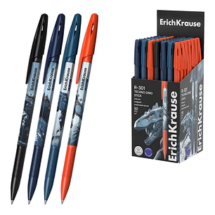 ErichKrause R-301 Stick Techno Dino Boligrafo con Capuchon - Modelos Surtidos - Trazo 0.35mm - Tinta de Secado Rapido - Tapa Ventilada - Color Azul