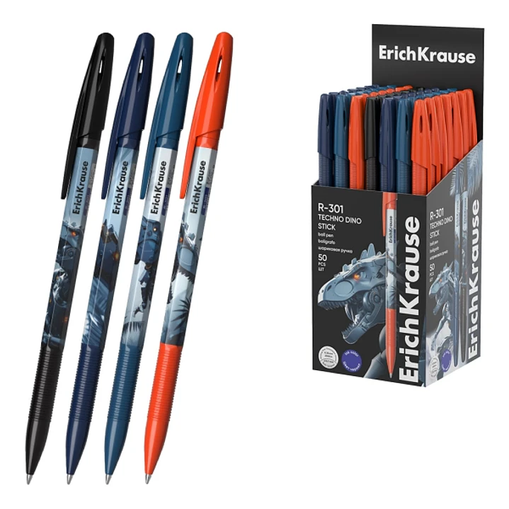 ErichKrause R-301 Stick Techno Dino Boligrafo con Capuchon - Modelos Surtidos - Trazo 0.35mm - Tinta de Secado Rapido - Tapa Ventilada - Color Azul 1
