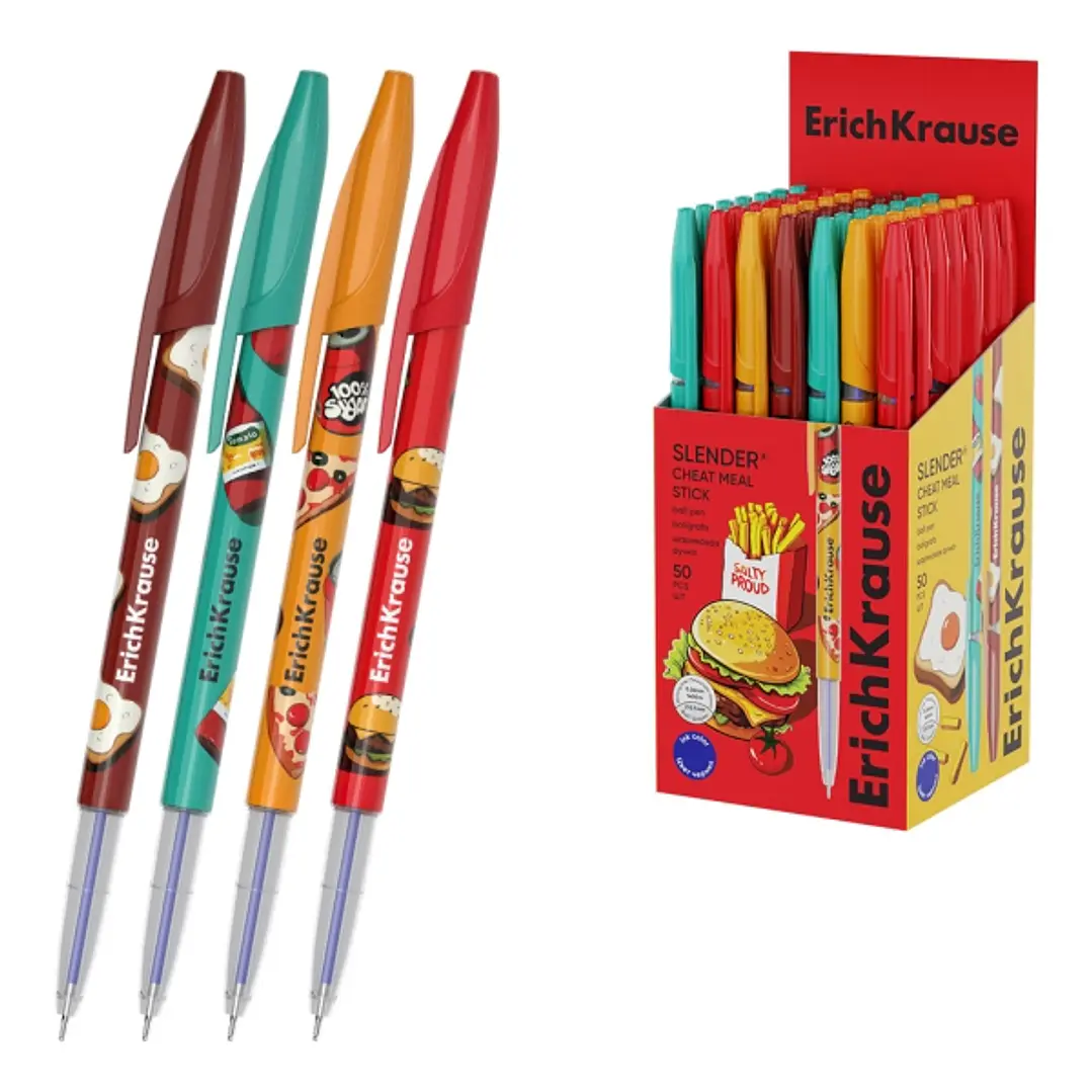 ErichKrause Stick Cheat Meal Boligrafo con Capuchon - Modelos Surtidos - Trazo 0.26mm - Tinta de Baja Viscosidad - Tapa Ventilada - Color Azul 1
