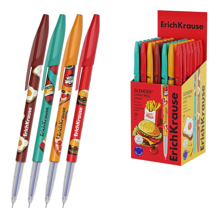 ErichKrause Stick Cheat Meal Boligrafo con Capuchon - Modelos Surtidos - Trazo 0.26mm - Tinta de Baja Viscosidad - Tapa Ventilada - Color Azul 1