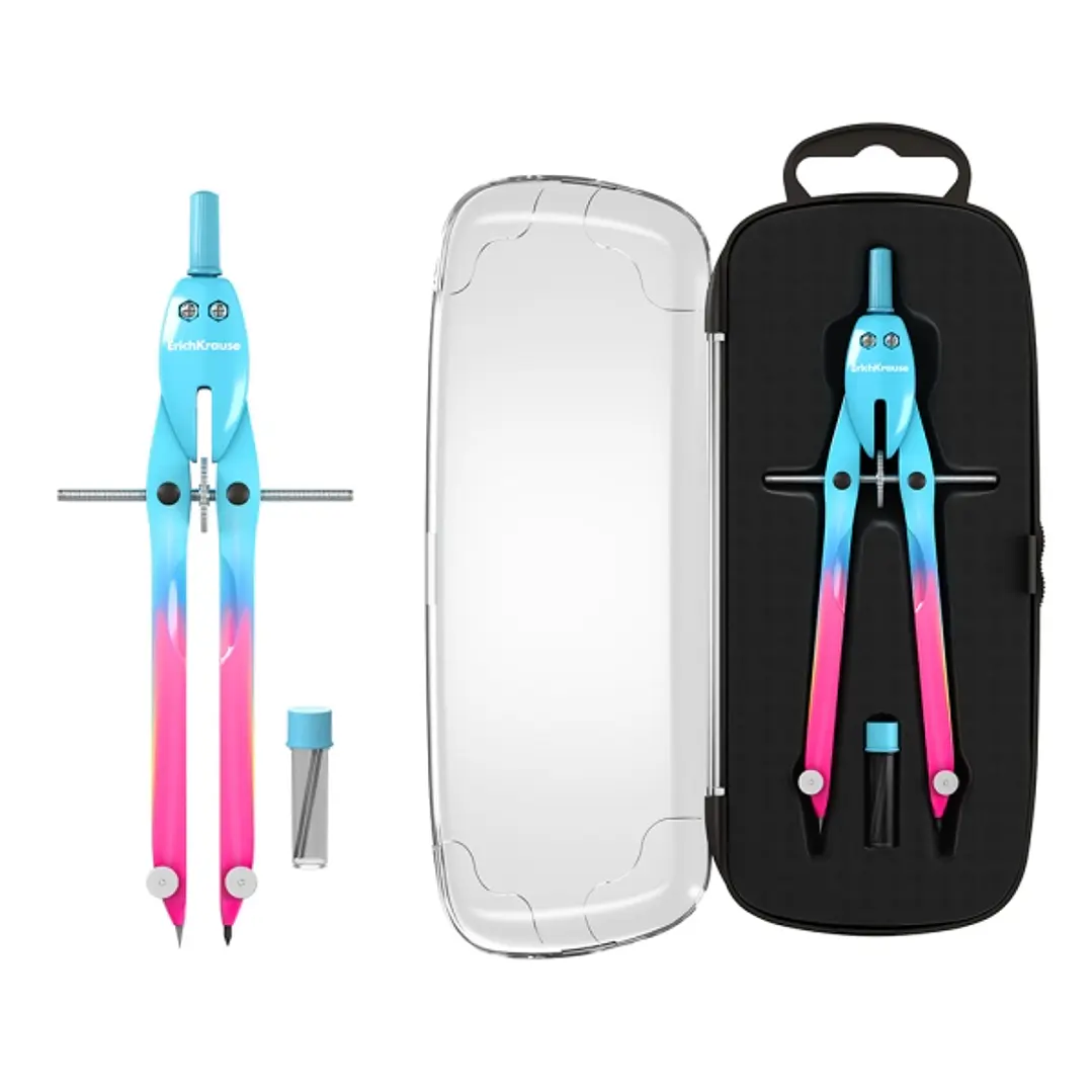 ErichKrause CoolRay Compas Escolar - Mina de Repuesto - Cuerpo Metalico - Estuche - 155mm de Longitud - Radio Maximo de 150mm - Colores Surtidos 1