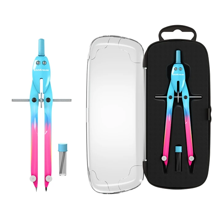 ErichKrause CoolRay Compas Escolar - Mina de Repuesto - Cuerpo Metalico - Estuche - 155mm de Longitud - Radio Maximo de 150mm - Colores Surtidos 1