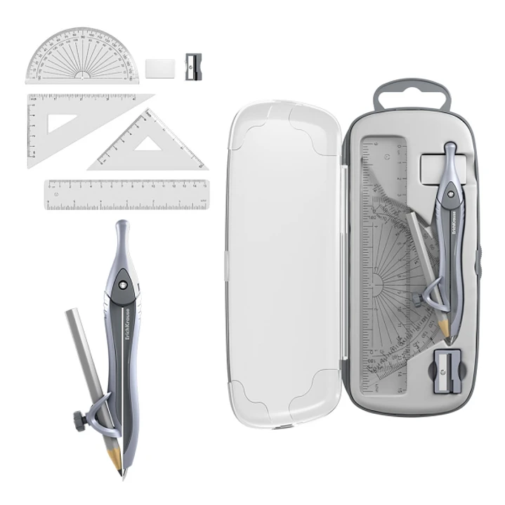 ErichKrause Classic Pack Escolar de Dibujo - Compas - Regla de 15cm - Escuadra - Cartabon - Transportador de Angulos - Goma de Borrar - Sacapuntas - E 1