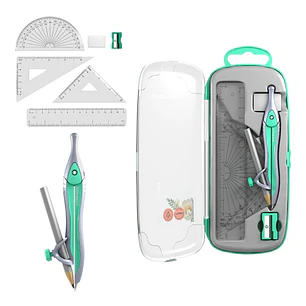 ErichKrause Pastel Bloom Pack Escolar de Dibujo - Compas - Regla de 15cm - Escuadra - Cartabon - Transportador de Angulos - Goma de Borrar - Sacapunta