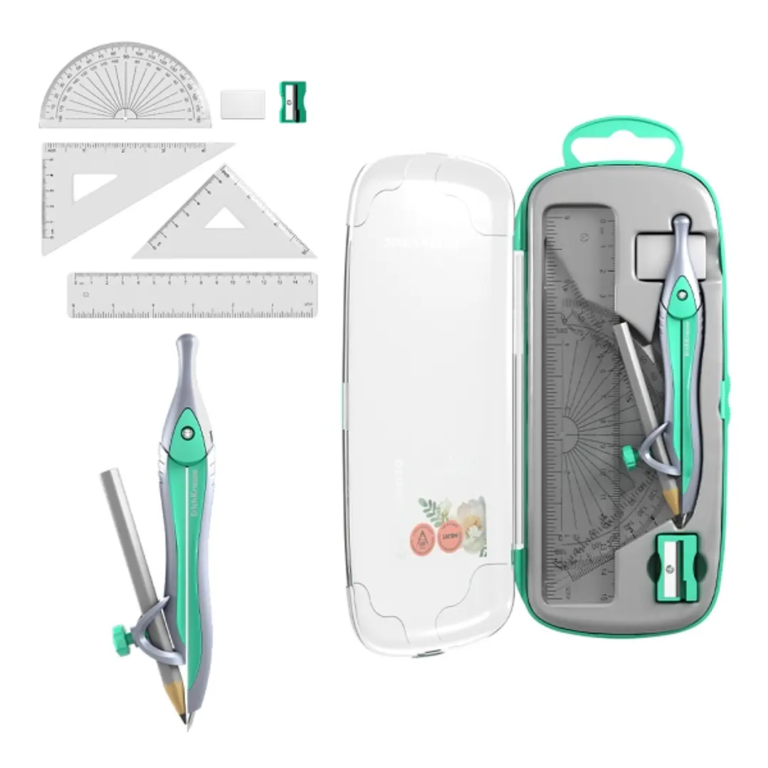 ErichKrause Pastel Bloom Pack Escolar de Dibujo - Compas - Regla de 15cm - Escuadra - Cartabon - Transportador de Angulos - Goma de Borrar - Sacapunta 1
