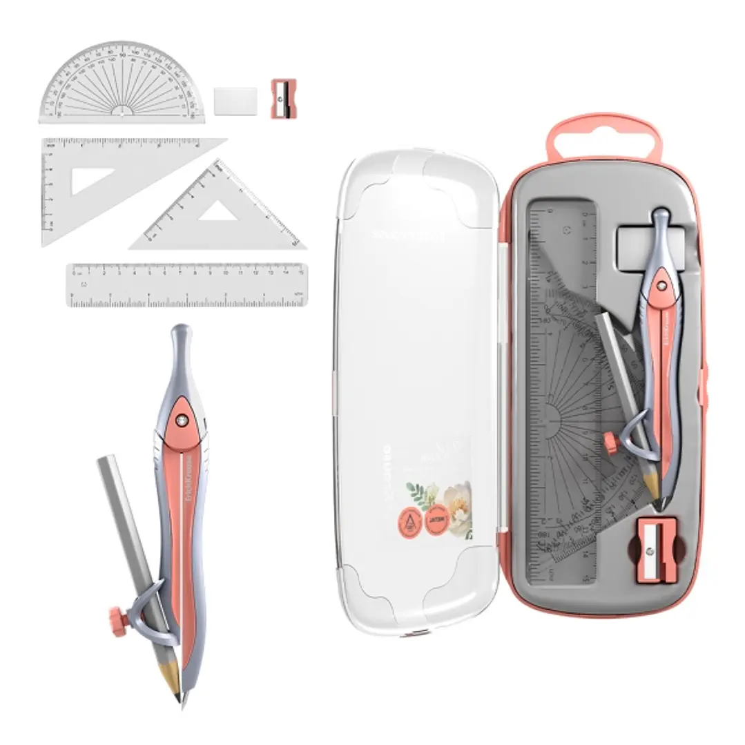ErichKrause Pastel Bloom Pack Escolar de Dibujo - Compas - Regla de 15cm - Escuadra - Cartabon - Transportador de Angulos - Goma de Borrar - Sacapunta 1
