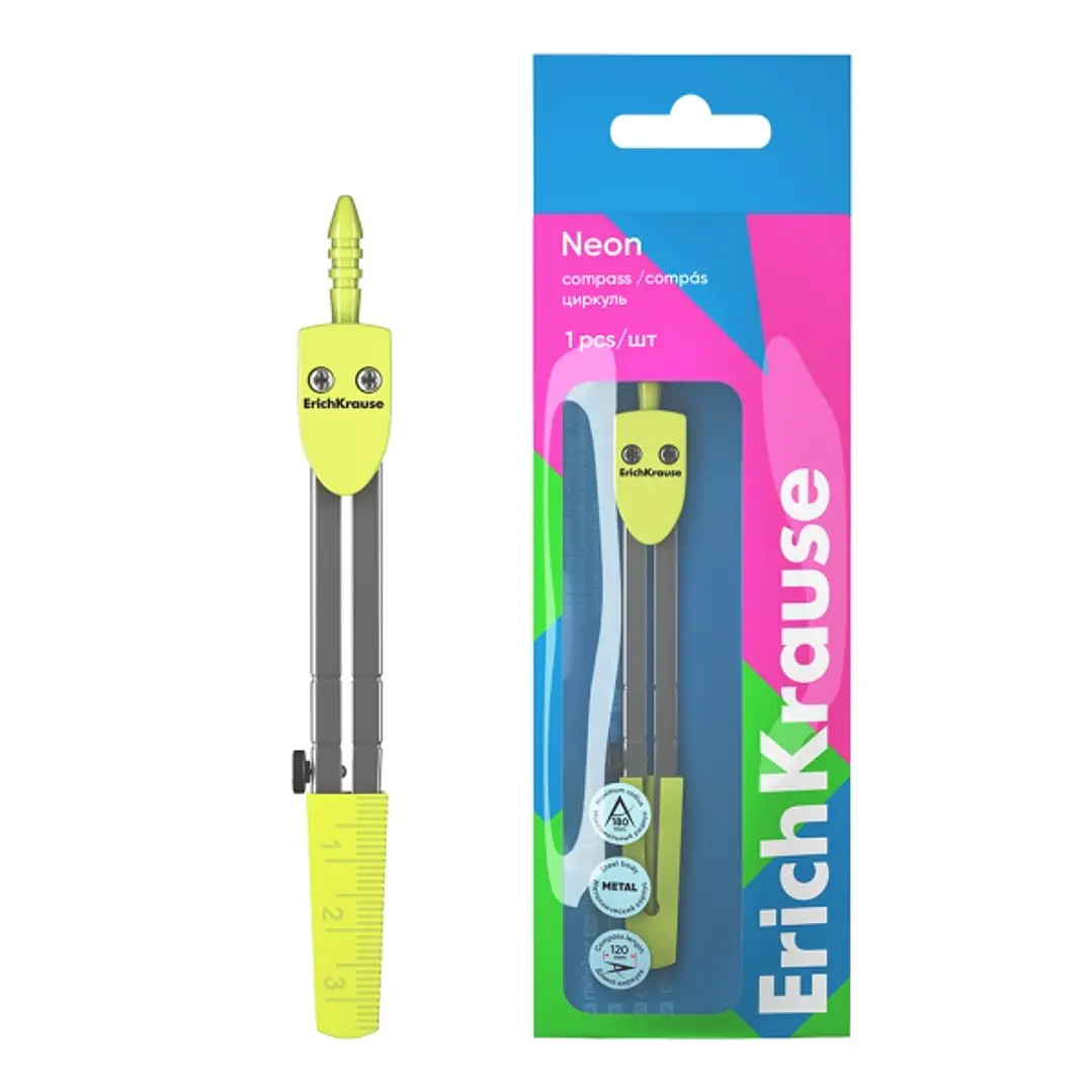 ErichKrause Neon Compas Escolar - Cuerpo Metalico - 120mm de Longitud - Radio Maximo de 180mm - Bolsa de Polietileno - Color Amarillo 1