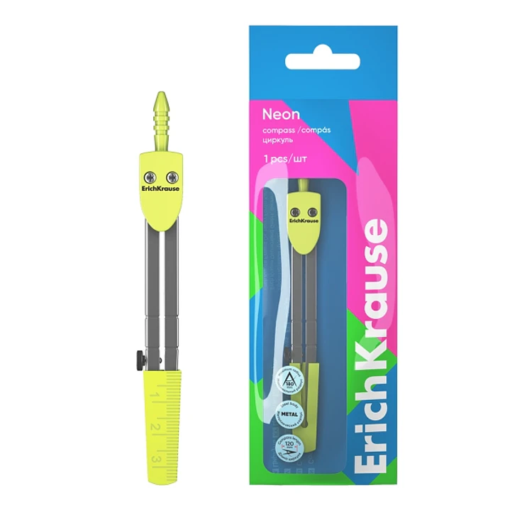 ErichKrause Neon Compas Escolar - Cuerpo Metalico - 120mm de Longitud - Radio Maximo de 180mm - Bolsa de Polietileno - Color Amarillo 1