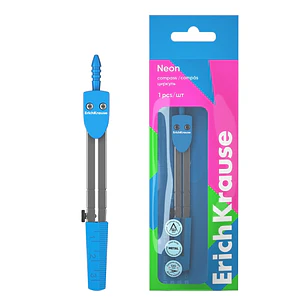 ErichKrause Neon Compas Escolar - Cuerpo Metalico - 120mm de Longitud - Radio Maximo de 180mm - Bolsa de Polietileno - Color Azul