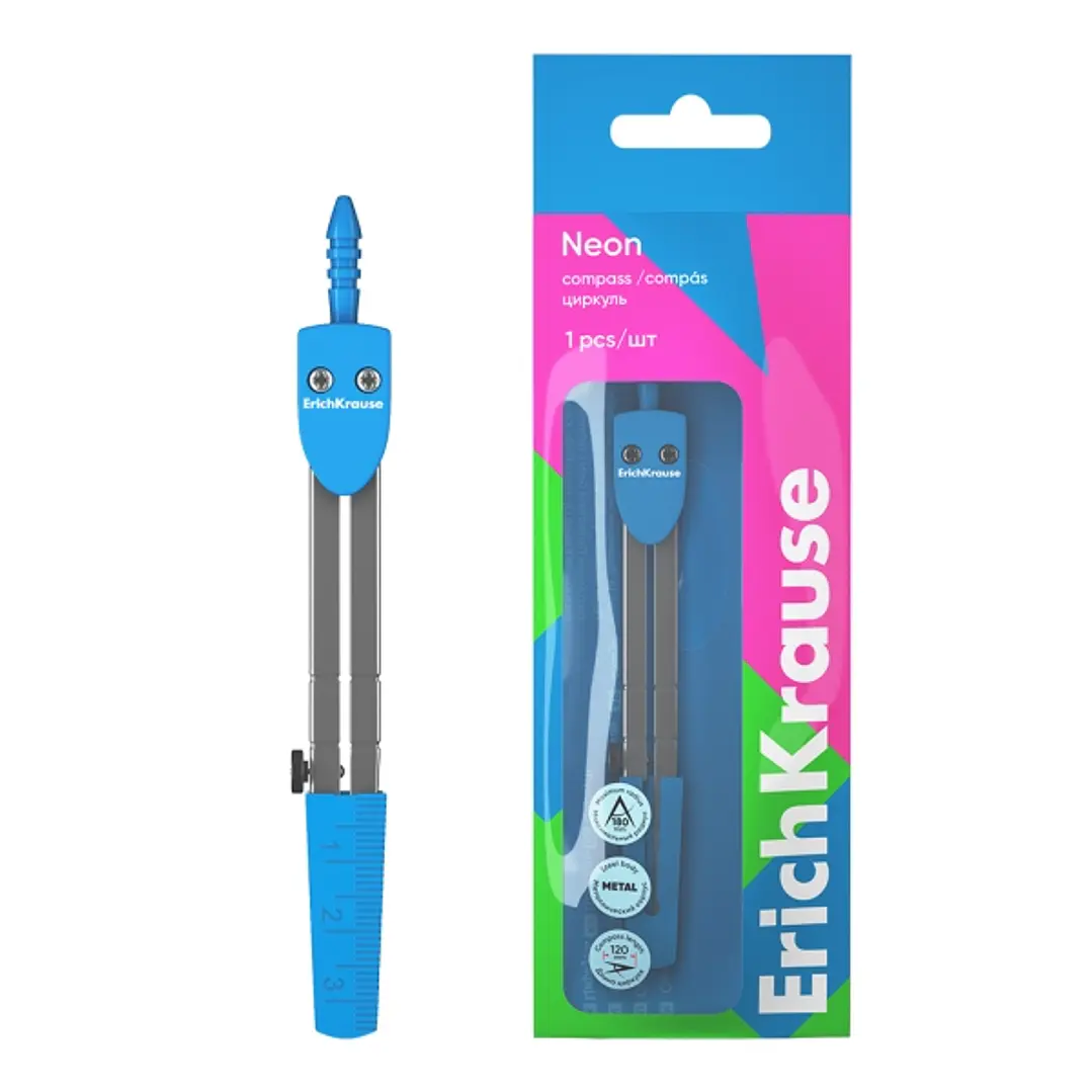 ErichKrause Neon Compas Escolar - Cuerpo Metalico - 120mm de Longitud - Radio Maximo de 180mm - Bolsa de Polietileno - Color Azul 1