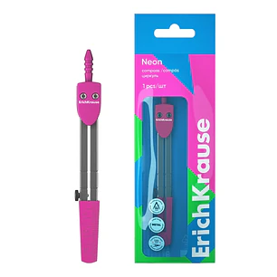 ErichKrause Neon Compas Escolar - Cuerpo Metalico - 120mm de Longitud - Radio Maximo de 180mm - Bolsa de Polietileno - Color Rosa