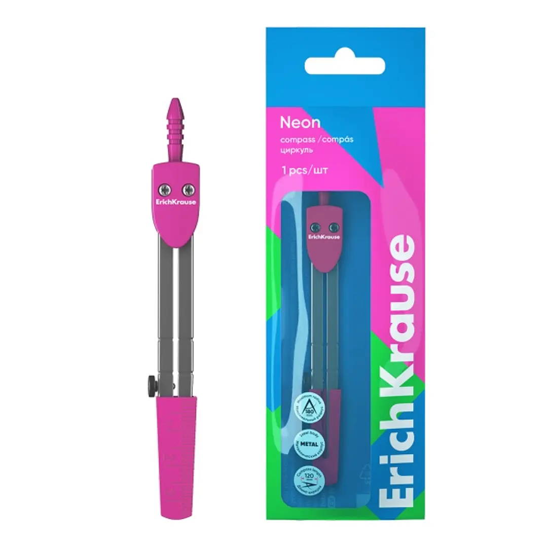 ErichKrause Neon Compas Escolar - Cuerpo Metalico - 120mm de Longitud - Radio Maximo de 180mm - Bolsa de Polietileno - Color Rosa 1