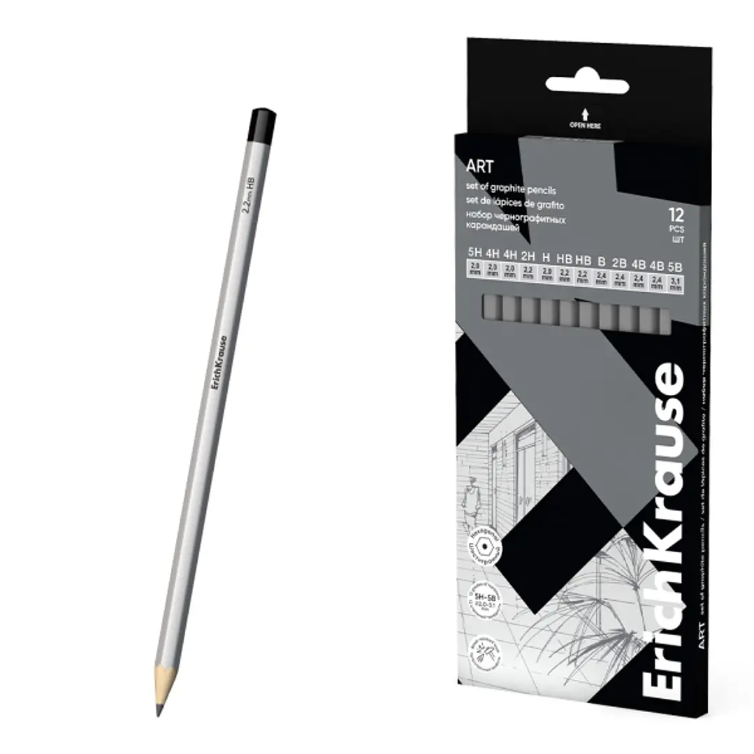 ErichKrause Art Pack de 12 Lapices de Grafito - Durezas Surtidas 5H-5B - Cuerpo Hexagonal - Pegado Completo de la Mina - Agarre Ergonomico - Color Pla 1