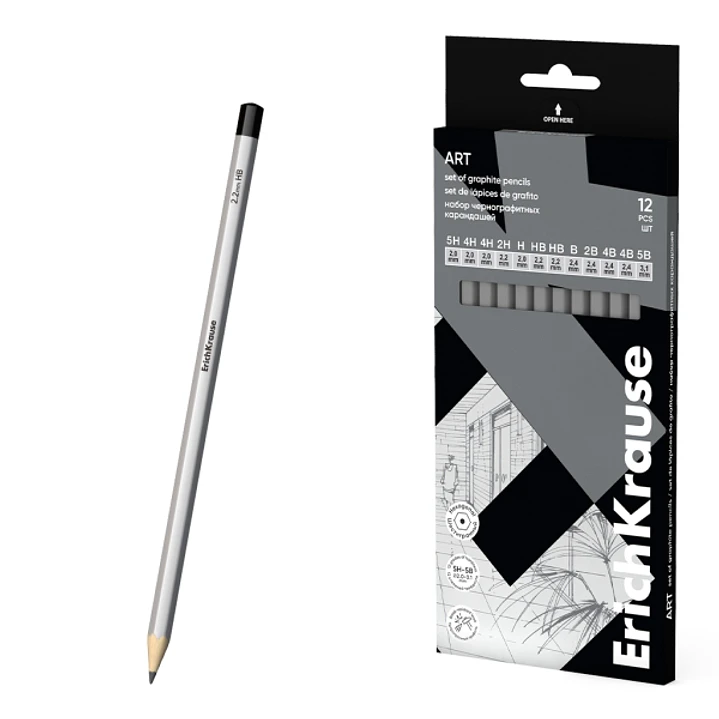 ErichKrause Art Pack de 12 Lapices de Grafito - Durezas Surtidas 5H-5B - Cuerpo Hexagonal - Pegado Completo de la Mina - Agarre Ergonomico - Color Pla 1