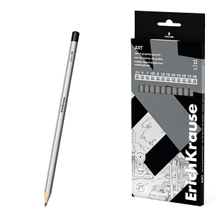 ErichKrause Art Pack de 12 Lapices de Grafito - Durezas Surtidas 2H-8B - Cuerpo Hexagonal - Pegado Completo de la Mina - Facil Afilado - Color Plata