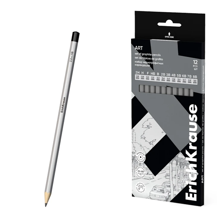 ErichKrause Art Pack de 12 Lapices de Grafito - Durezas Surtidas 2H-8B - Cuerpo Hexagonal - Pegado Completo de la Mina - Facil Afilado - Color Plata 1