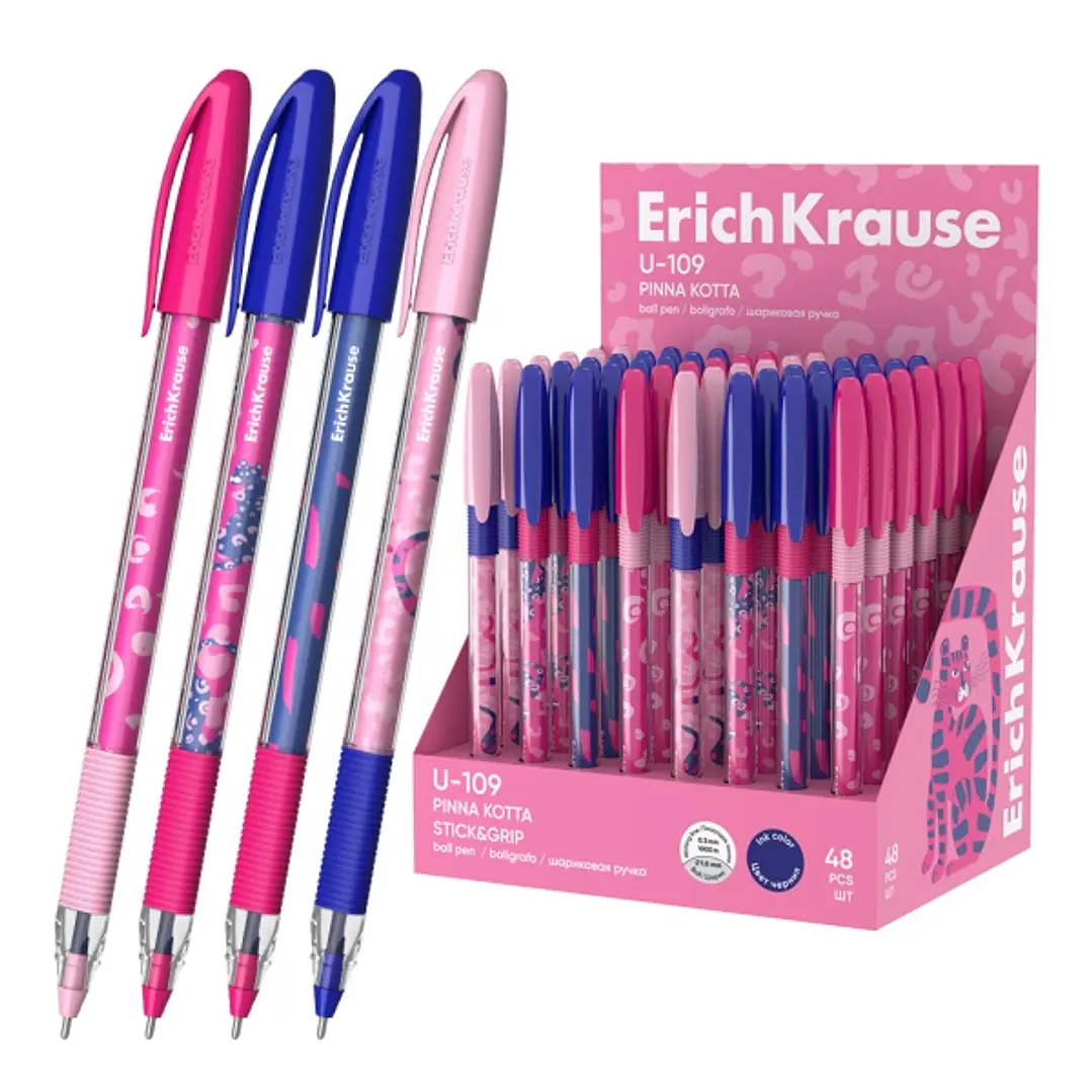 ErichKrause U-109 Stick and Grip Pinna Kotta Expositor con 48 Boligrafos con Capuchon - Modelos Surtidos - Trazo 0.3mm - Zona de Agarre de Goma - Tint 1