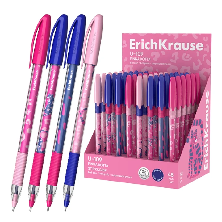 ErichKrause U-109 Stick and Grip Pinna Kotta Expositor con 48 Boligrafos con Capuchon - Modelos Surtidos - Trazo 0.3mm - Zona de Agarre de Goma - Tint 1