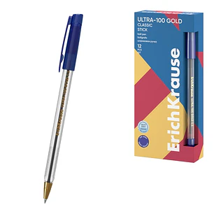 ErichKrause ULTRA-100 Gold Stick Classic Boligrafo con Capuchon - Punta de Aguja 0.5mm - Cuerpo Transparente - Trazo 0.25mm - Tinta de Baja Viscosidad