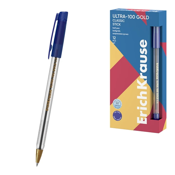 ErichKrause ULTRA-100 Gold Stick Classic Boligrafo con Capuchon - Punta de Aguja 0.5mm - Cuerpo Transparente - Trazo 0.25mm - Tinta de Baja Viscosidad 1