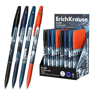 ErichKrause R-301 Stick Techno Dino Expositor con 48 Boligrafos con Capuchon - Modelos Surtidos - Trazo 0.35mm - Tinta de Secado Rapido - Tapa Ventila