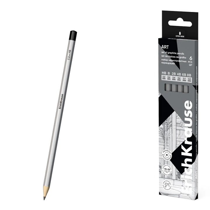 ErichKrause Art Pack de 6 Lapices de Grafito - Durezas Surtidas HB-8B - Cuerpo Hexagonal - Mina Resistente - Agarre Ergonomico - Color Plata 1