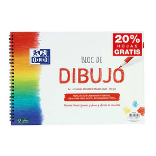 Oxford Bloc de Dibujo Escolar Espiral Formato A4+ Liso - 20 Hojas Microperforadas 130gr Color natural - Papel de Superfície Rugosa