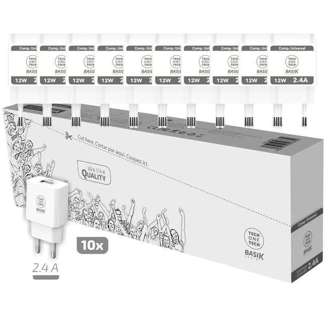 TechOneTech Basik Pack de 10 Cargadores de Pared 1 Puerto USB 12W 1
