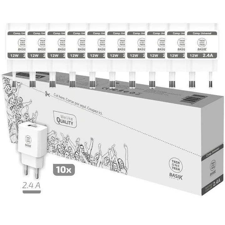 TechOneTech Basik Pack de 10 Cargadores de Pared 1 Puerto USB 12W 1