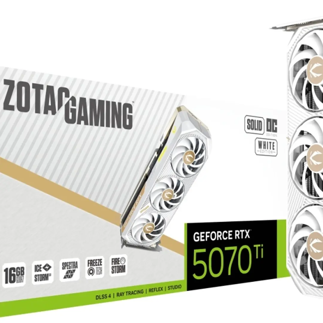 Zotac GeForce RTX 5070 TI  Tarjeta Grafica SOLID CORE OC 16GB WHITE GDDR7 HDMI, DP 1