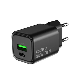 COOLBOX Cargador Gan 25W USB-A/USB-C Pared Negro
