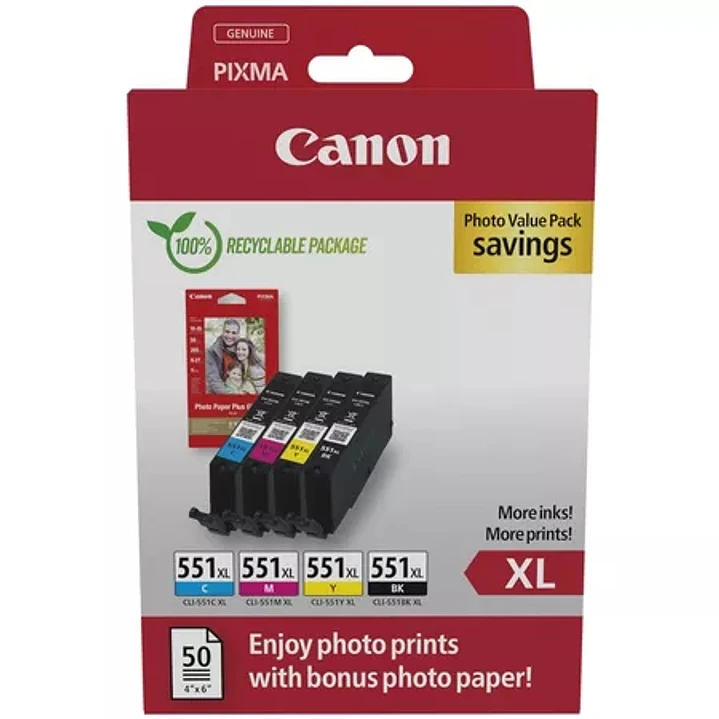 Canon CLI551XL Pack de 4 Cartuchos de Tinta Originales + 50 Hojas de Papel Fotografico - 6443B008/6443B006 1