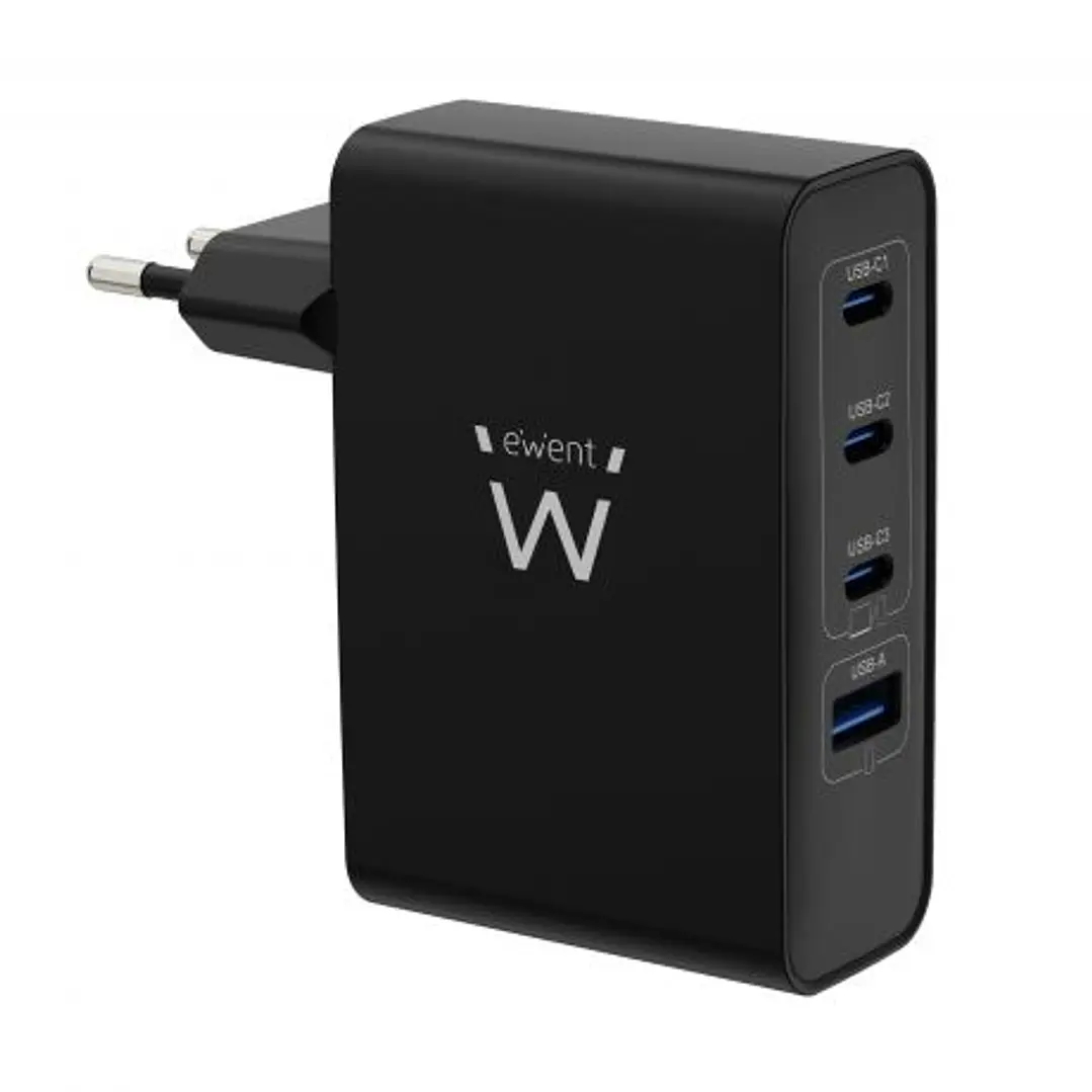 Ewent EW1330 Cargador GaN Universal de Pared 100W Ultrarapido - 3x USB-C PD 3.0 y 1x USB-A QC 3.0 - Color Negro 1