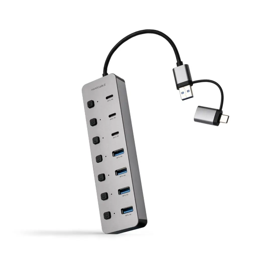 Nanocable Hub USBA/USB-C - 4x USB-A + 3x USB-C 3.0 + USB-C 5V - Interruptores Individuales ON/OFF - Cable 18cm - Color Plata 1