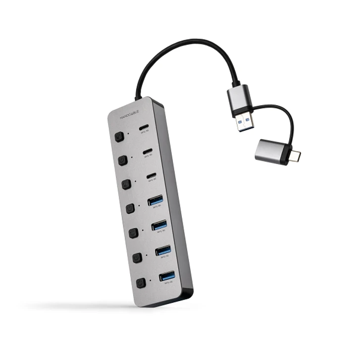Nanocable Hub USBA/USB-C - 4x USB-A + 3x USB-C 3.0 + USB-C 5V - Interruptores Individuales ON/OFF - Cable 18cm - Color Plata 1