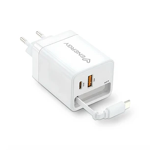 Energy Sistem Retractable Charger Cargador GaN 20W - 1x USB-C PD, 1xUSB-A + Cable USB-C 60cm Retractil - Carga Inteligente y Rapida - Control de Tempe