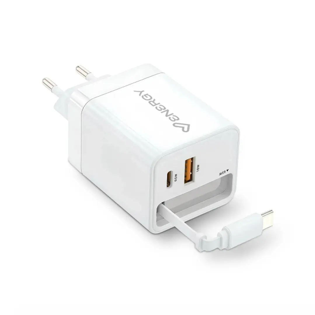 Energy Sistem Retractable Charger Cargador GaN 20W - 1x USB-C PD, 1xUSB-A + Cable USB-C 60cm Retractil - Carga Inteligente y Rapida - Control de Tempe 1