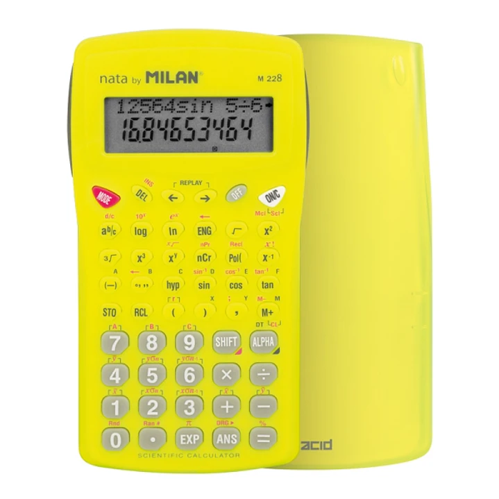 Milan Nata M228 Acid Calculadora Cientifica 10+2 Digitos - Pantalla de 2 Lineas - 228 Funciones Integradas - Carcasa Protectora - Color Amarillo 1