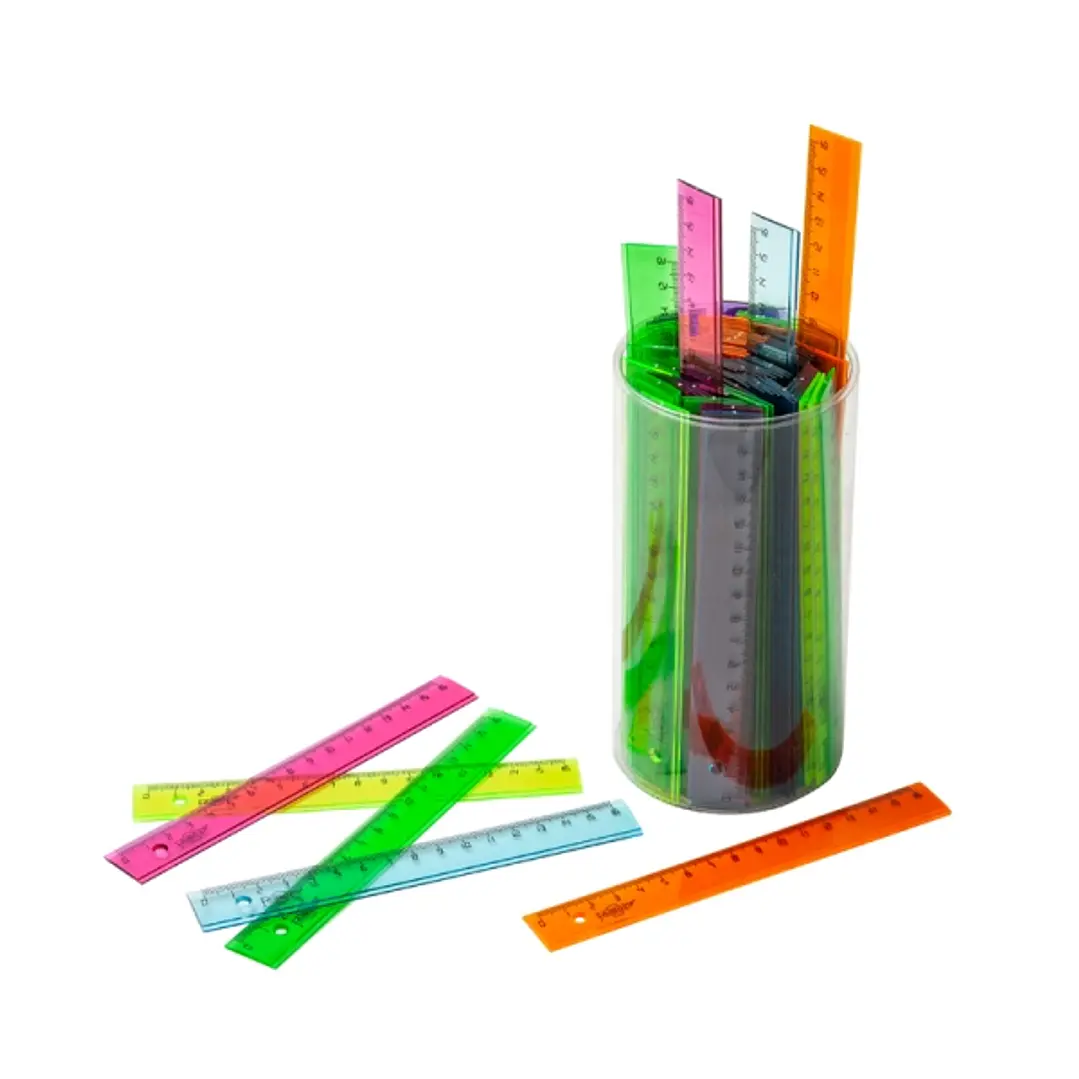Faibo Bote con 100 Reglas Escolares de 16cm - Colores Fluor Tranparentes Surtidos 1