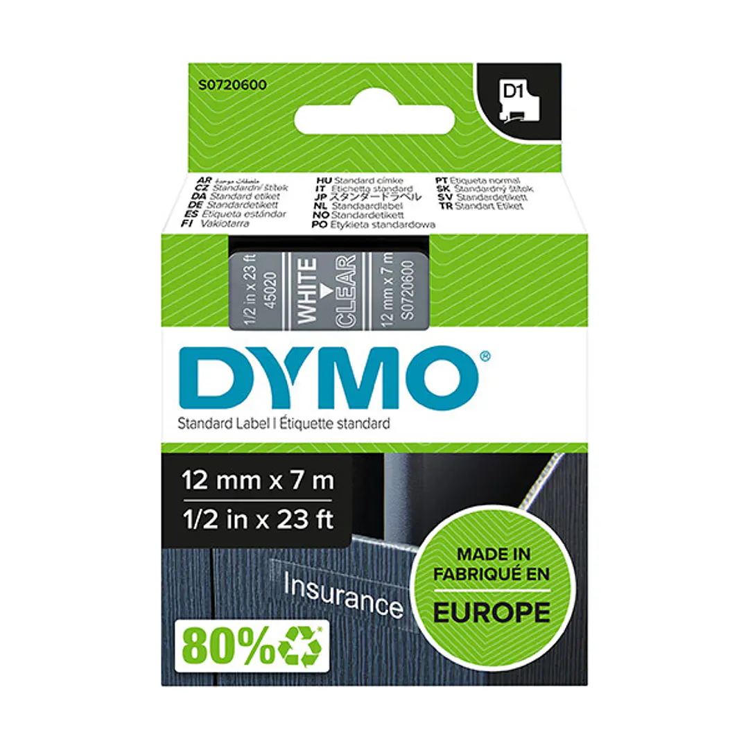 Dymo LM D1 45020 Cinta de Etiquetas Original para Rotuladora - Texto Blanco sobre Fondo Transparente - Ancho 12mm x Largo 7m 1